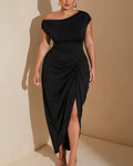 Willluxe® Asymmetrical Ruched Slit Bodycon Maxi Dress Plus Size