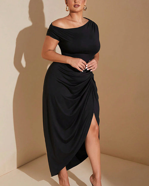 Willluxe® Asymmetrical Ruched Slit Bodycon Maxi Dress Plus Size