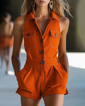 Willluxe® Sleeveless V-Neck Button-Down Romper Summer Casual Shorts Jumpsuit