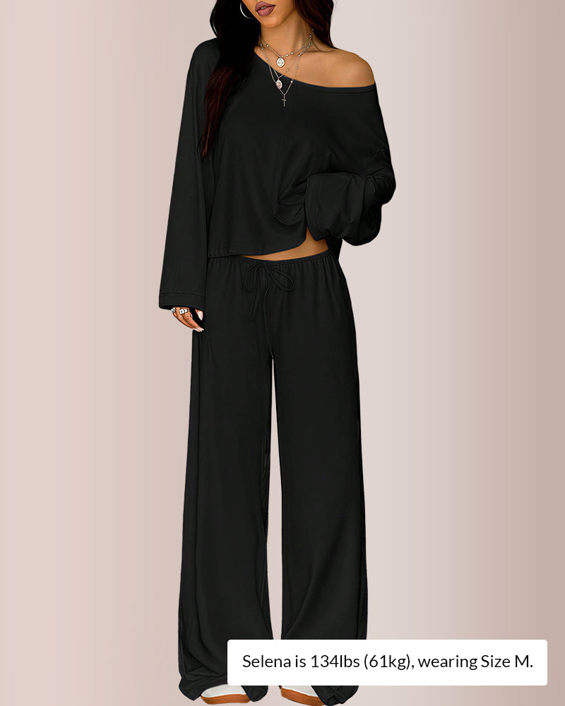 Willluxe® Slouchy Off-Shoulder Crop Top & Wide Leg Lounge Set