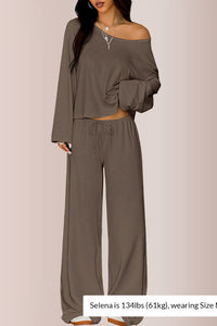 Willluxe® Slouchy Off-Shoulder Crop Top & Wide Leg Lounge Set