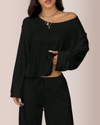 Willluxe® Slouchy Off-Shoulder Crop Top & Wide Leg Lounge Set
