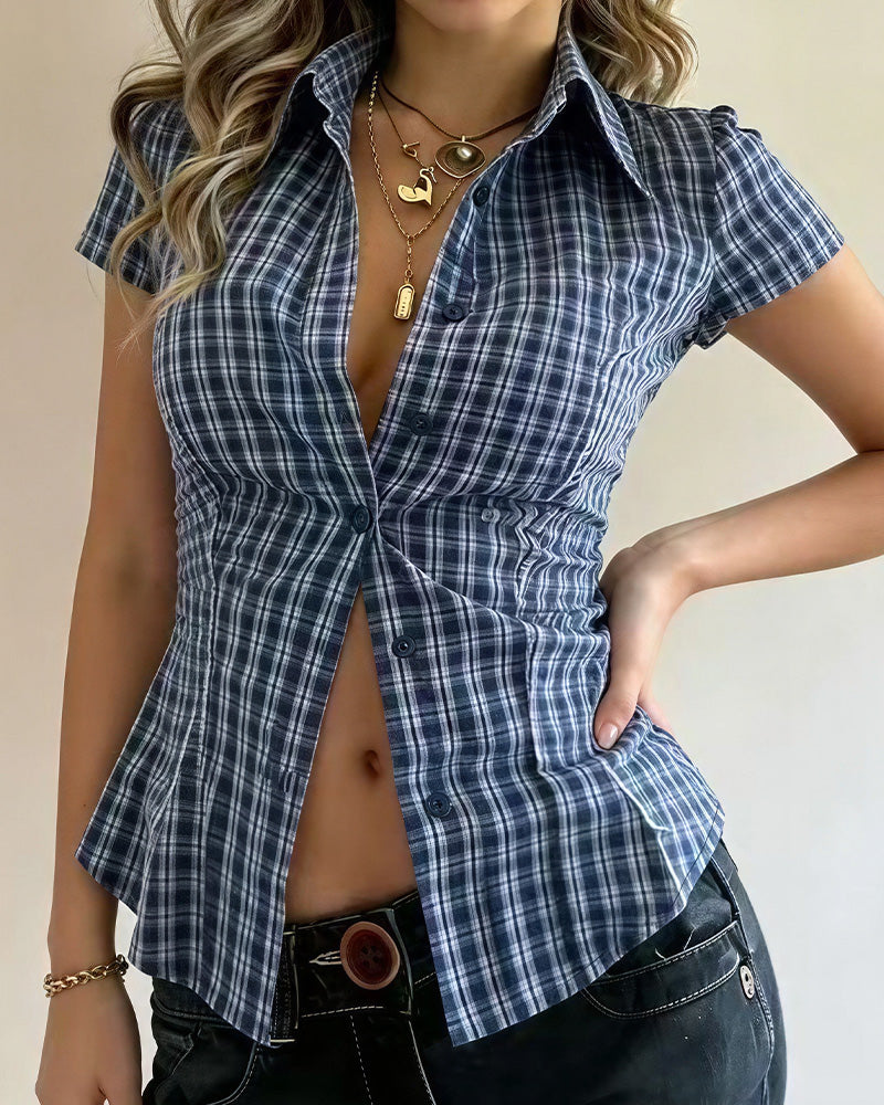 Willluxe® Retro Plaid Cinched Waist Button-Up Shirt