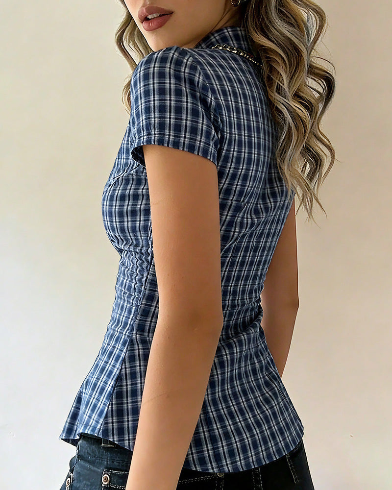 Willluxe® Retro Plaid Cinched Waist Button-Up Shirt