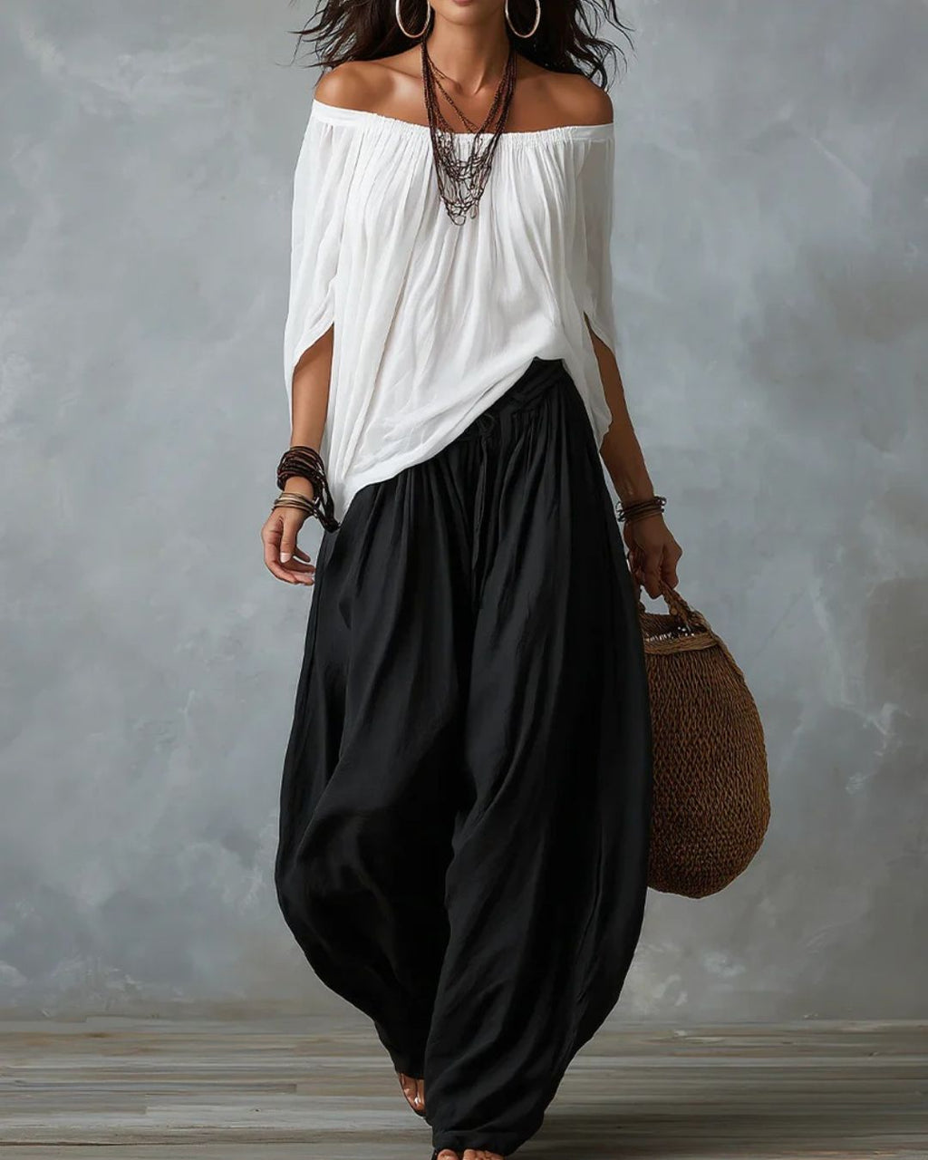 Willluxe® Off Shoulder Top And Loose-Fitting Lantern Pants Set