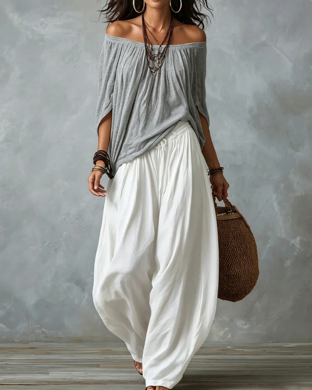 Willluxe® Off Shoulder Top And Loose-Fitting Lantern Pants Set