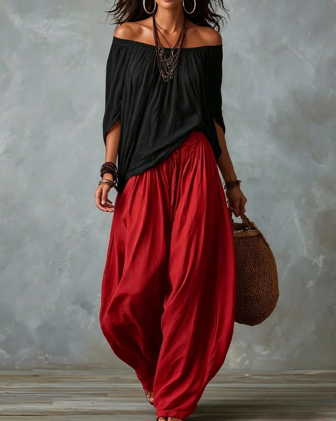 Willluxe® Off Shoulder Top And Loose-Fitting Lantern Pants Set