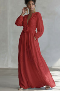 Willluxe® Deep V-neck Three-dimensional Floral Maxi Dress