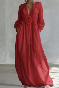 Willluxe® Deep V-neck Three-dimensional Floral Maxi Dress