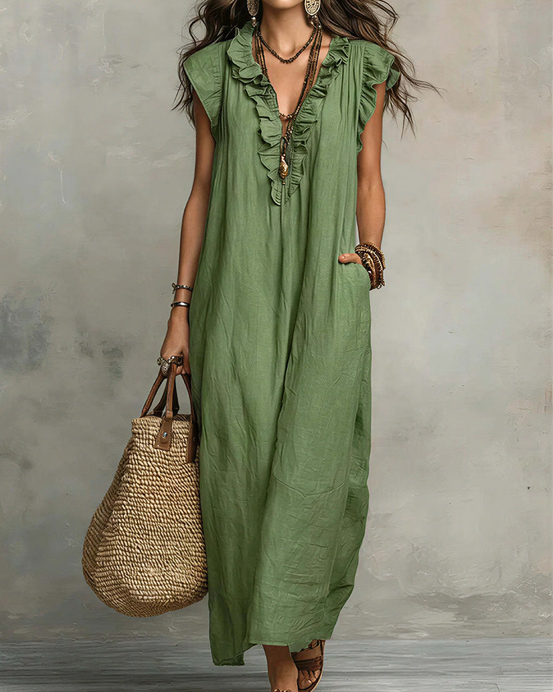 Willluxe® Boho Ruffle V-Neck Maxi Dress With Pockets