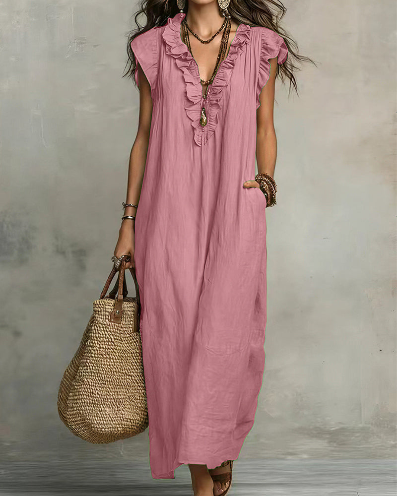 Willluxe® Boho Ruffle V-Neck Maxi Dress With Pockets