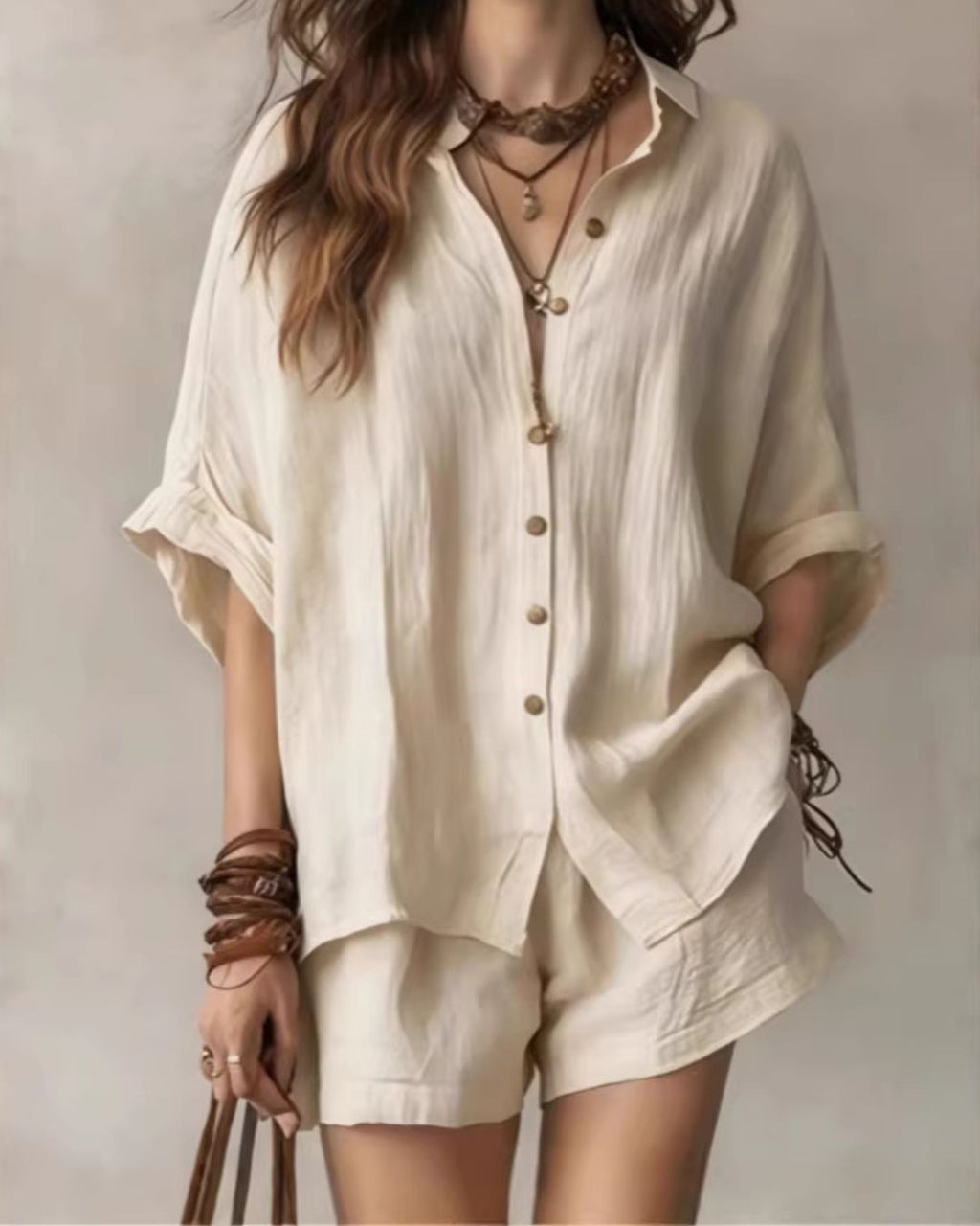 Willluxe® Button-Up Shirt and Wide Leg Shorts Vacation Outfit