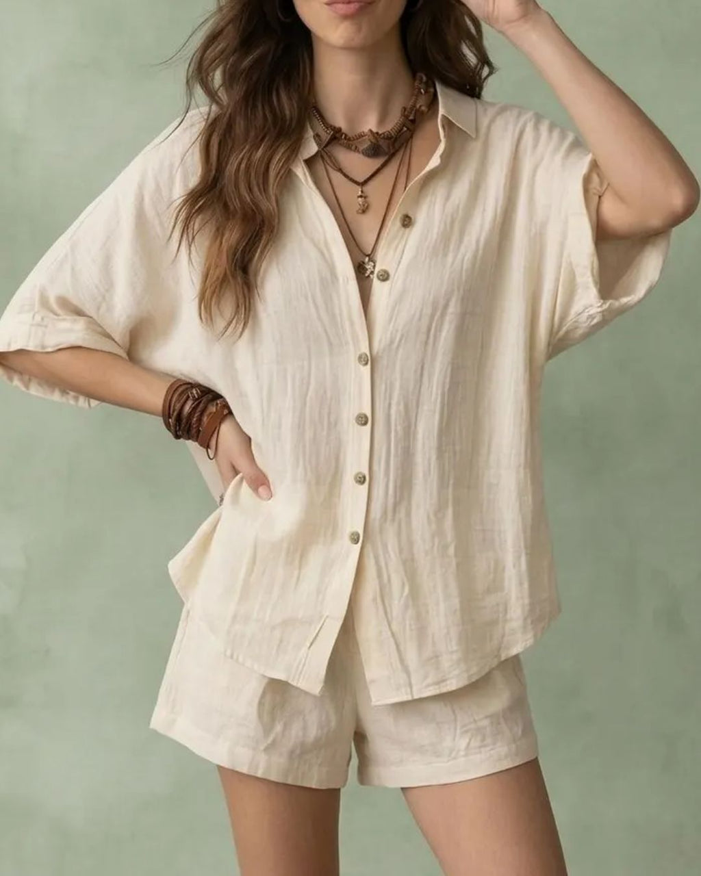 Willluxe® Button-Up Shirt and Wide Leg Shorts Vacation Outfit
