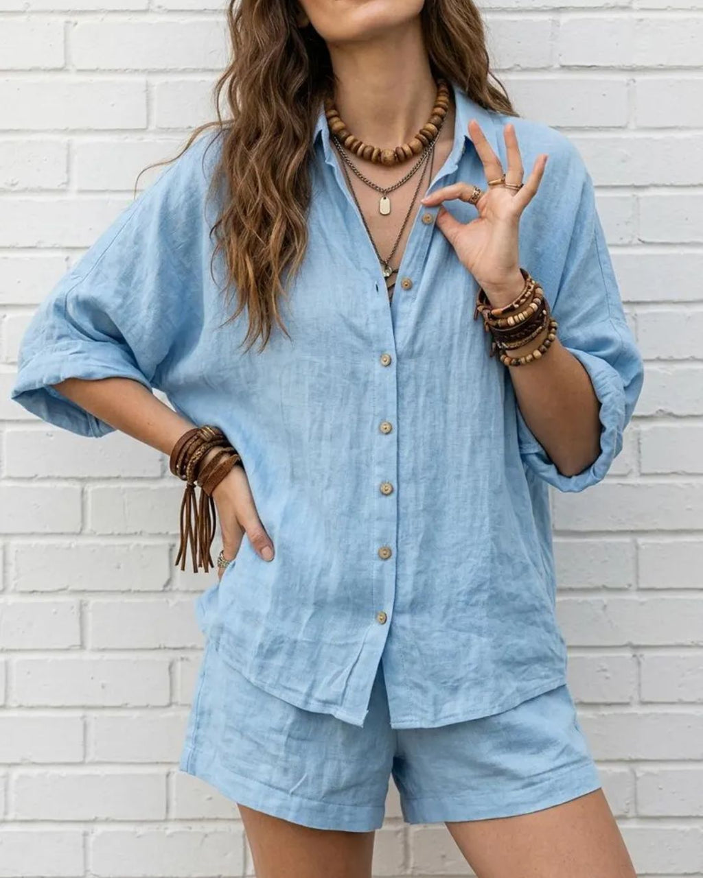 Willluxe® Button-Up Shirt and Wide Leg Shorts Vacation Outfit
