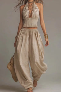 Willluxe® Casual Backless Craft Halter Closure Wide Leg Pants Set