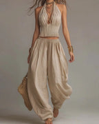 Willluxe® Casual Backless Craft Halter Closure Wide Leg Pants Set
