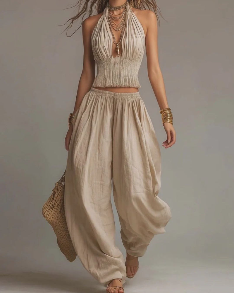 Willluxe® Casual Backless Craft Halter Closure Wide Leg Pants Set