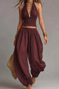 Willluxe® Casual Backless Craft Halter Closure Wide Leg Pants Set