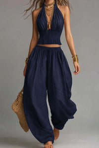 Willluxe® Casual Backless Craft Halter Closure Wide Leg Pants Set