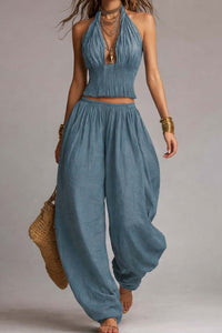 Willluxe® Casual Backless Craft Halter Closure Wide Leg Pants Set