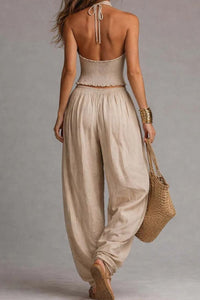 Willluxe® Casual Backless Craft Halter Closure Wide Leg Pants Set
