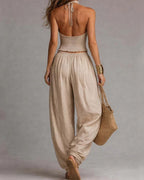 Willluxe® Casual Backless Craft Halter Closure Wide Leg Pants Set