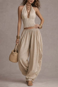 Willluxe® Casual Backless Craft Halter Closure Wide Leg Pants Set