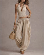 Willluxe® Casual Backless Craft Halter Closure Wide Leg Pants Set