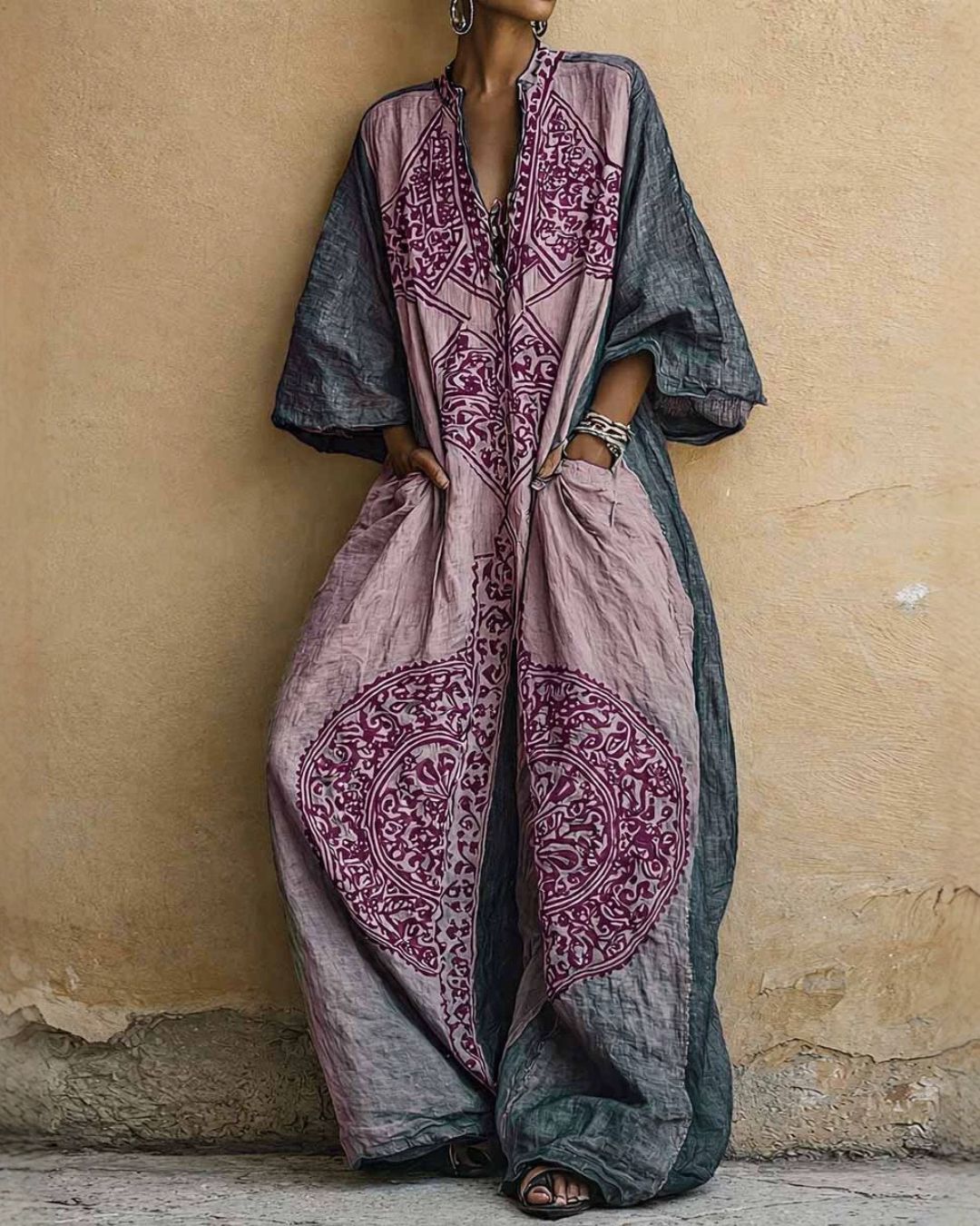 Willluxe® Loose Sleeves Ethnic Printed V-Neck Jumpsuits