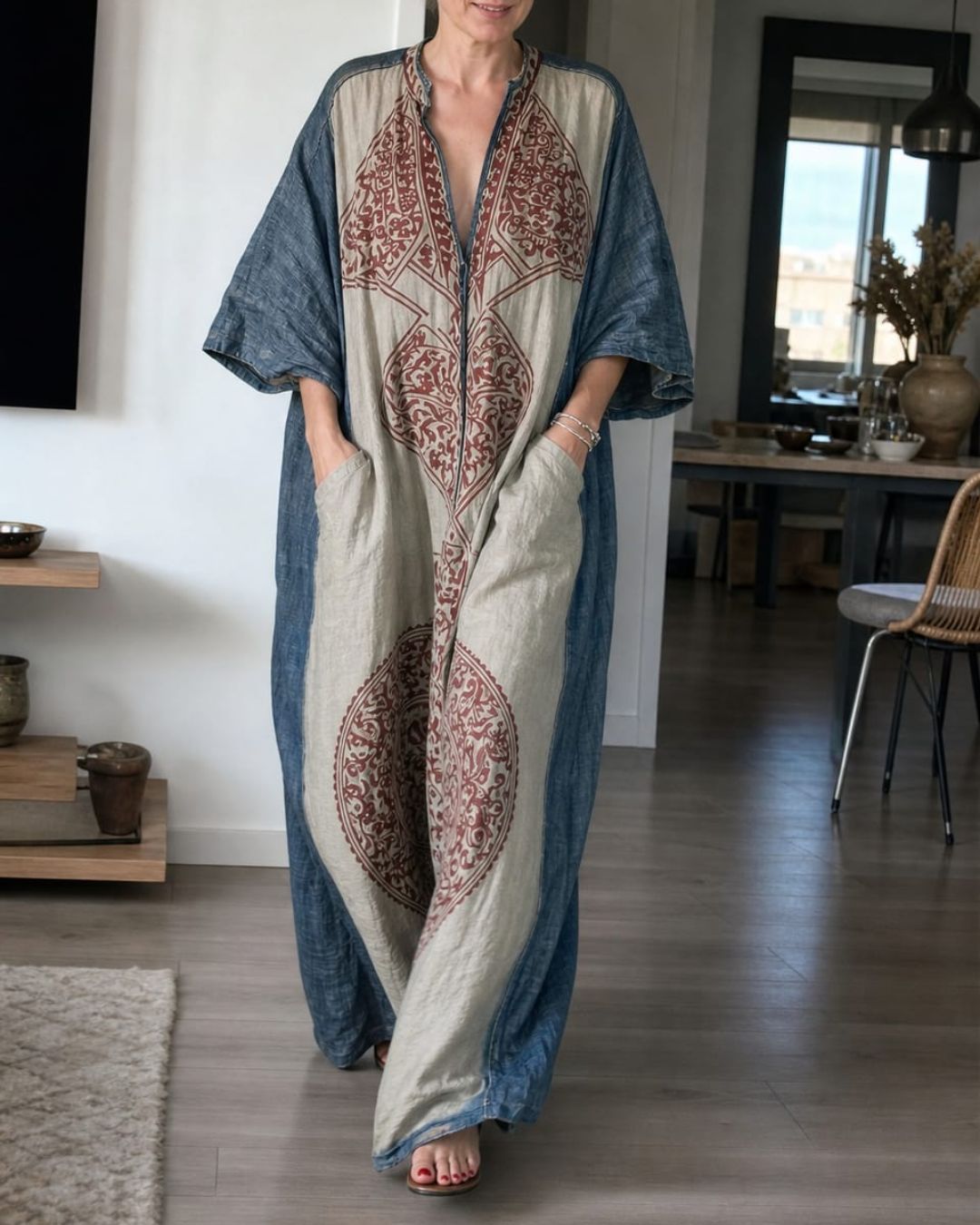 Willluxe® Loose Sleeves Ethnic Printed V-Neck Jumpsuits