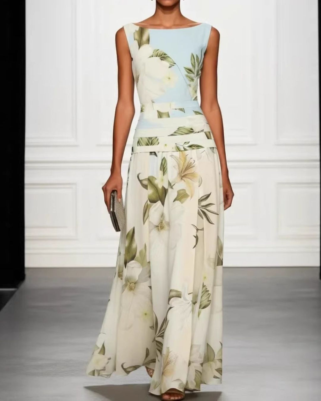 Willluxe® Floral Boat Neck Flowy A-Line Maxi Dress