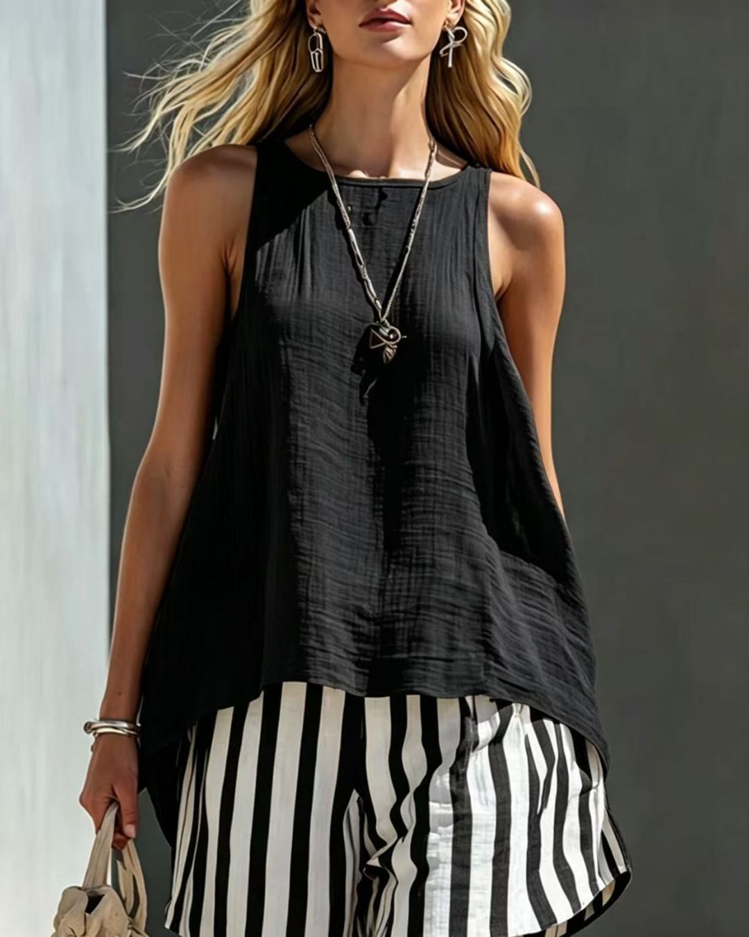 Willluxe® Flared Tank Top and Striped Shorts Set