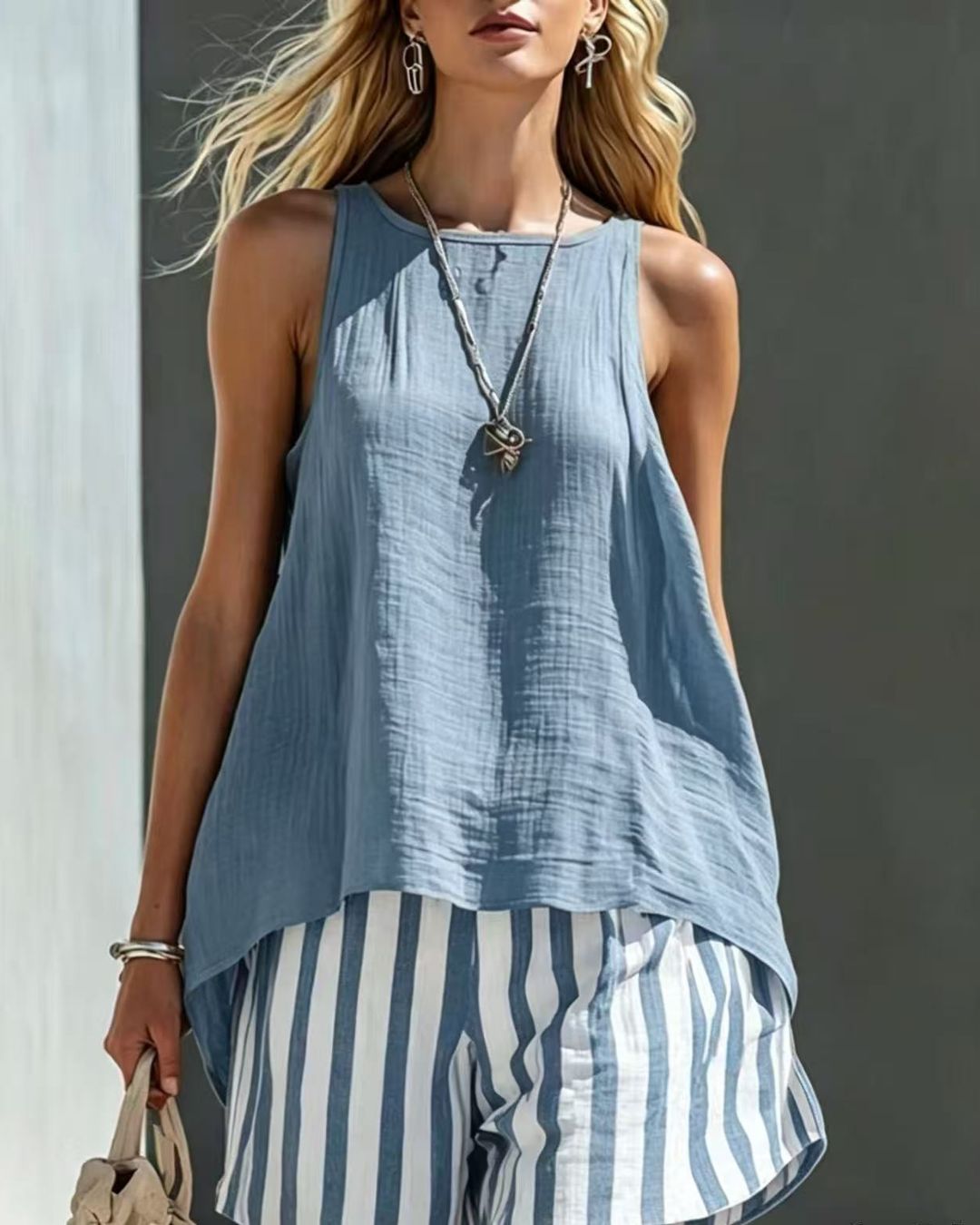 Willluxe® Flared Tank Top and Striped Shorts Set