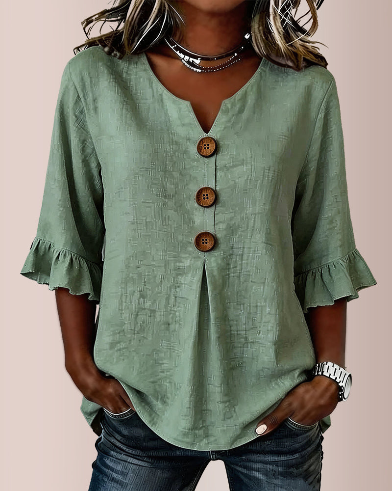 Willluxe® V-Neck Cotton Linen Button-Down Blouse