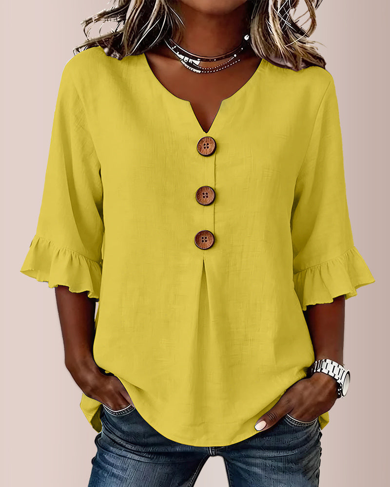 Willluxe® V-Neck Cotton Linen Button-Down Blouse