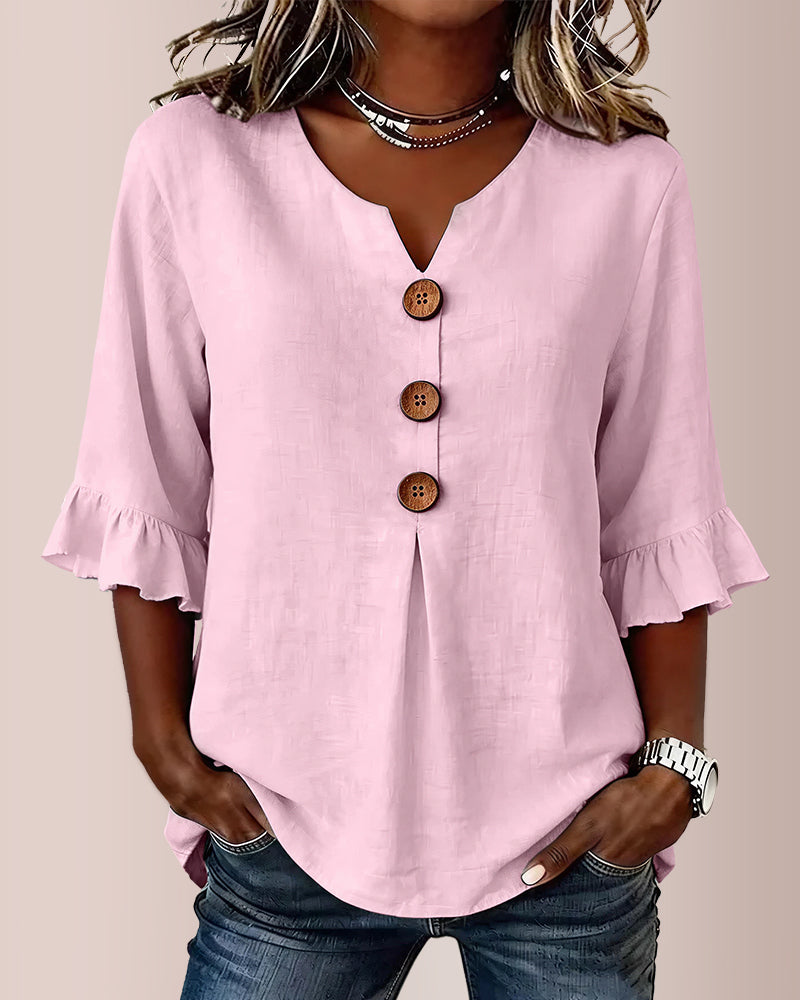 Willluxe® V-Neck Cotton Linen Button-Down Blouse