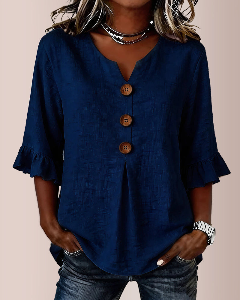 Willluxe® V-Neck Cotton Linen Button-Down Blouse