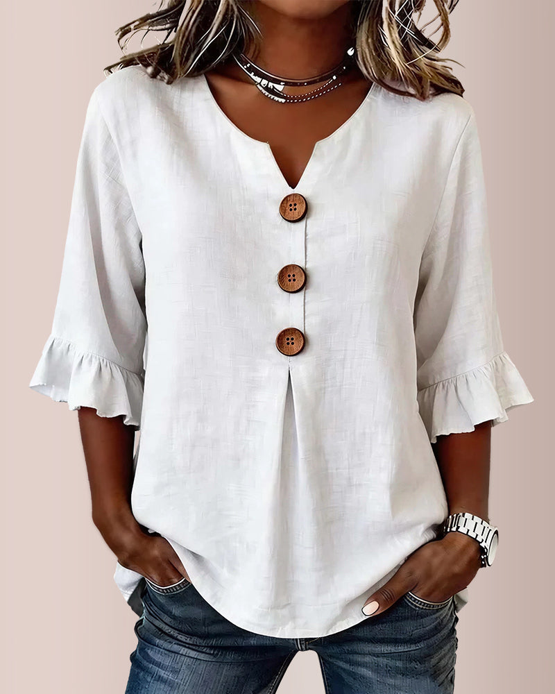 Willluxe® V-Neck Cotton Linen Button-Down Blouse