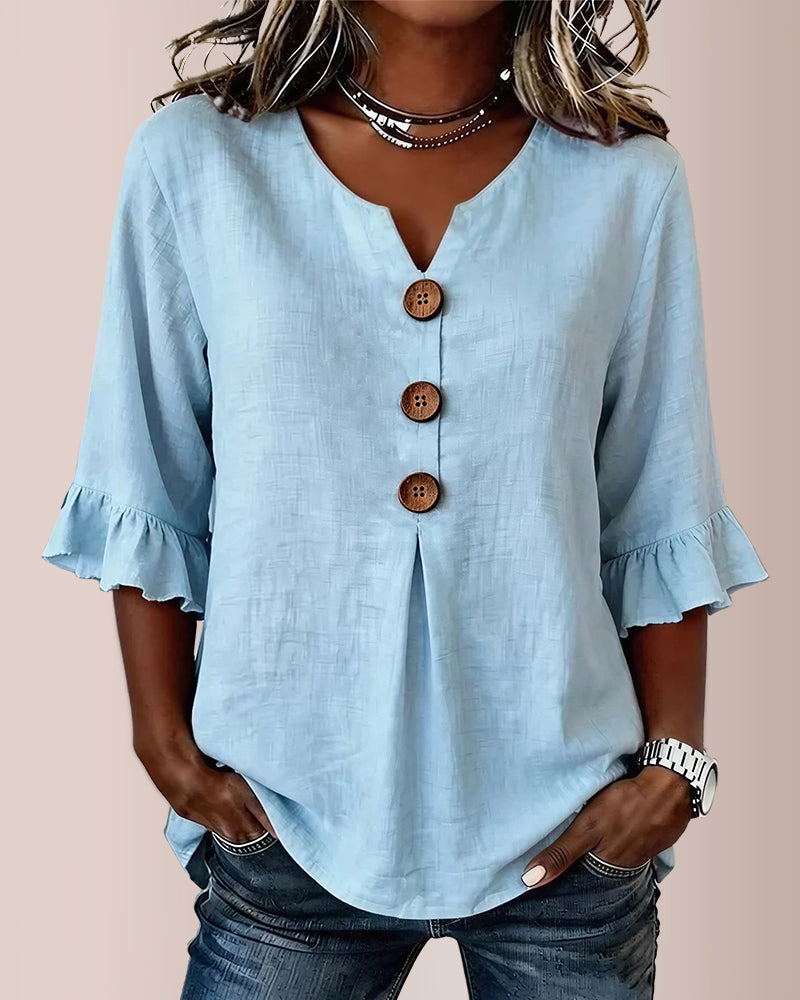 Willluxe® V-Neck Cotton Linen Button-Down Blouse