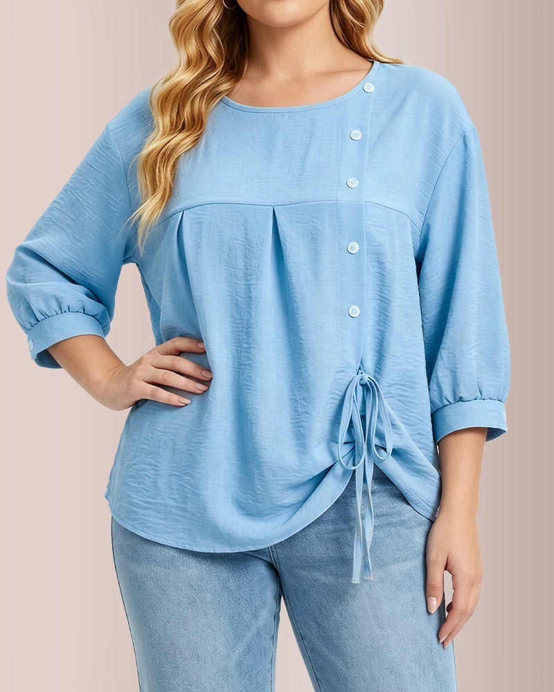 Willluxe® Textured Button-Detail Drawstring Blouse