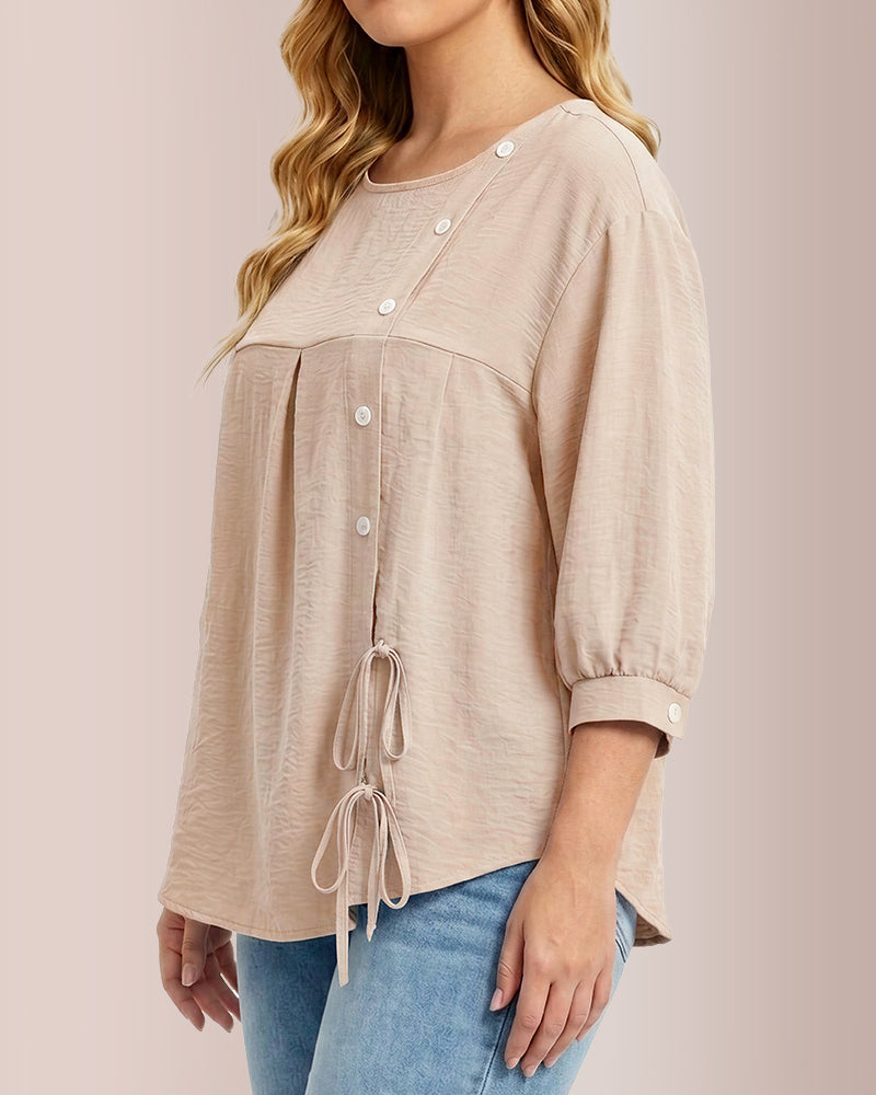 Willluxe® Textured Button-Detail Drawstring Blouse
