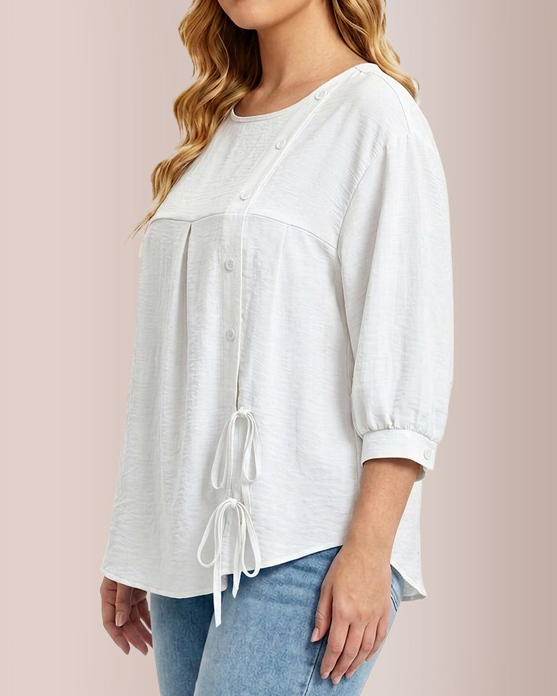 Willluxe® Textured Button-Detail Drawstring Blouse