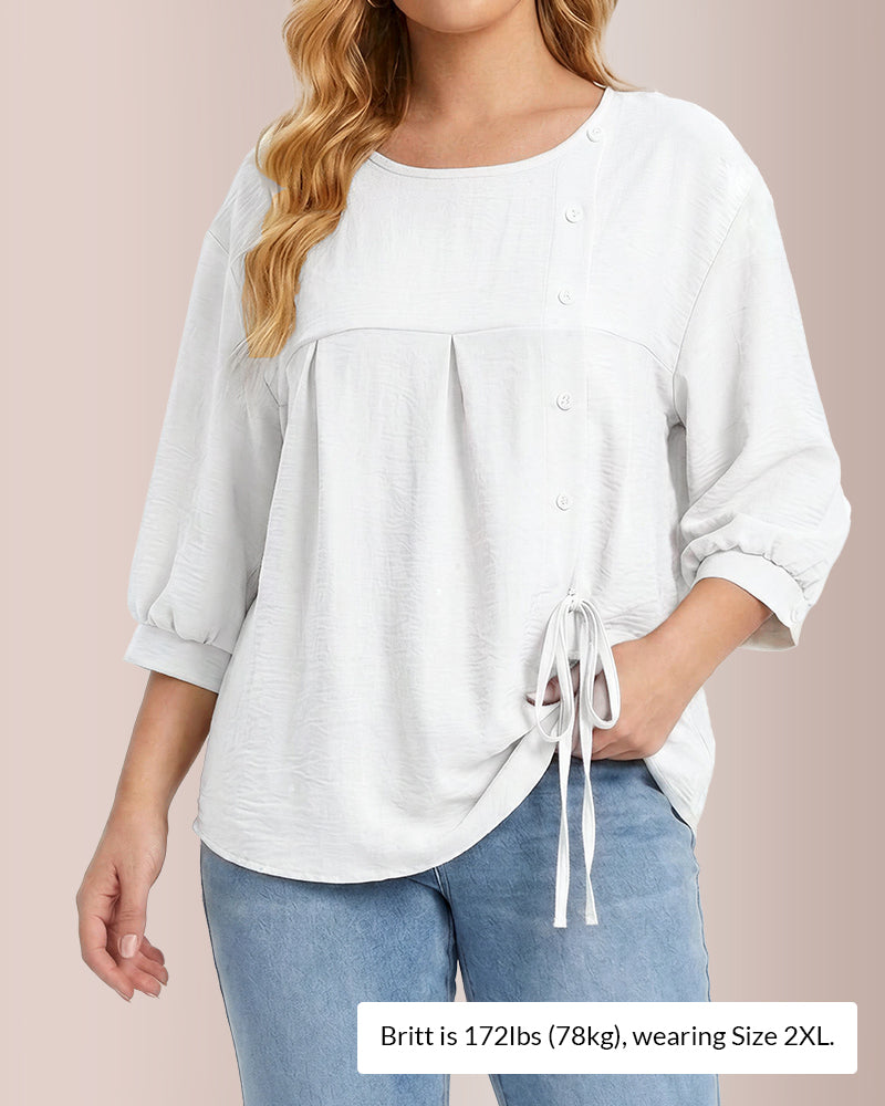 Willluxe® Textured Button-Detail Drawstring Blouse