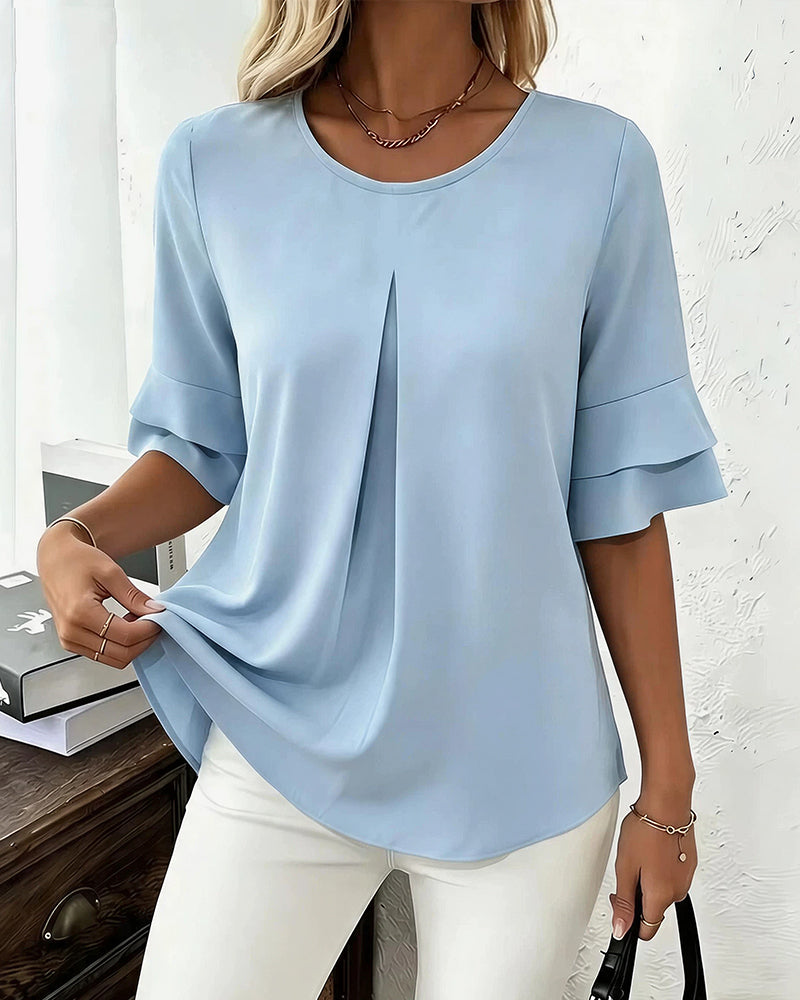 Willluxe® Ruffle Short Sleeve Pleated Blouse Summer Loose T-Shirt Top