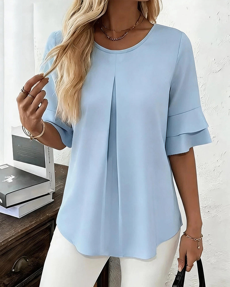 Willluxe® Ruffle Short Sleeve Pleated Blouse Summer Loose T-Shirt Top