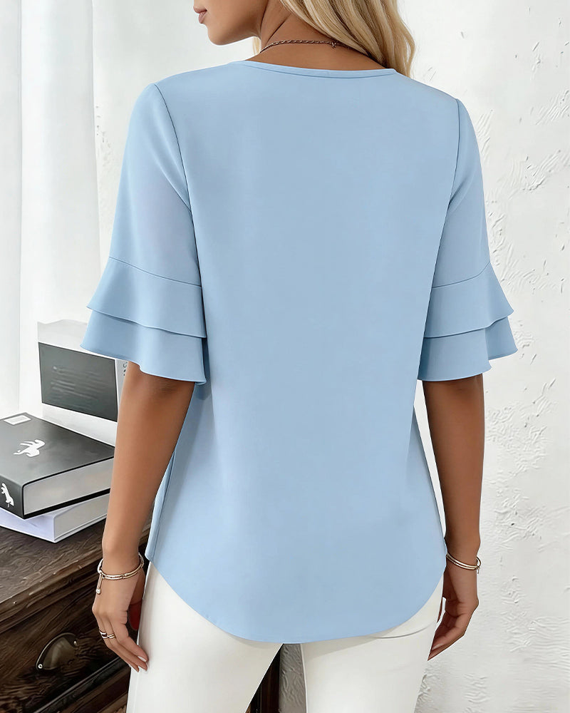 Willluxe® Ruffle Short Sleeve Pleated Blouse Summer Loose T-Shirt Top