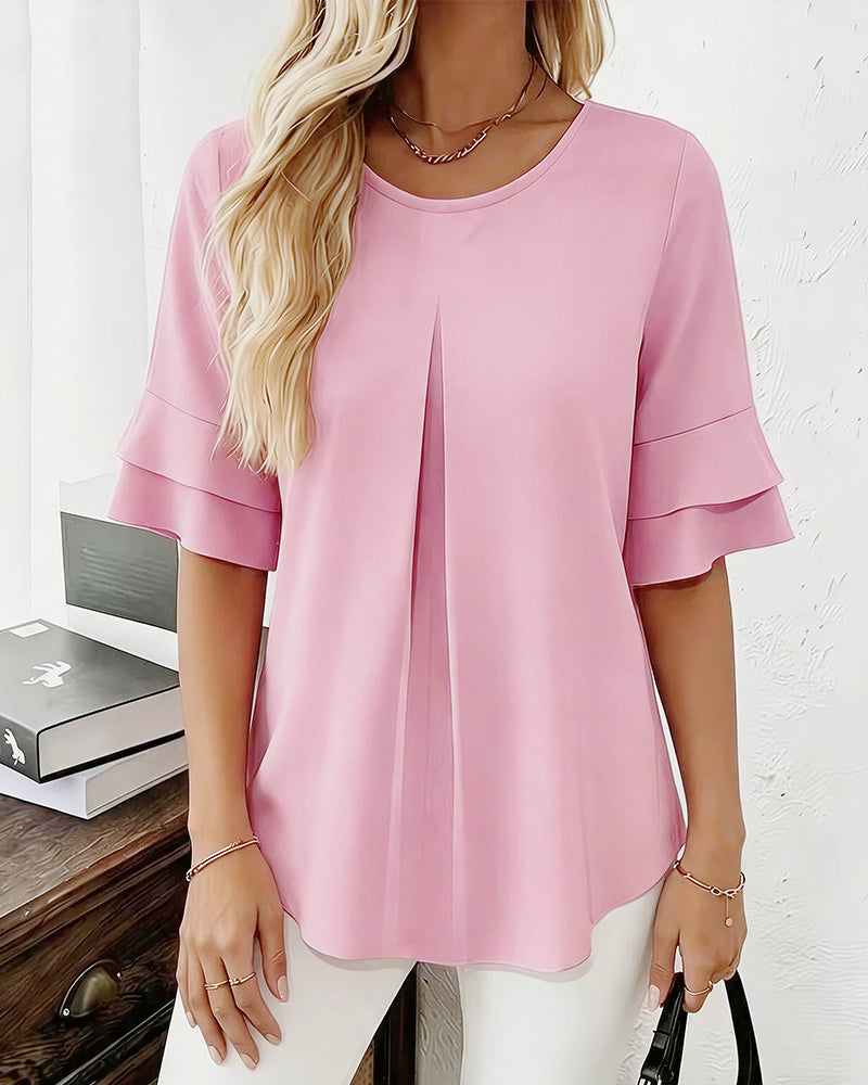 Willluxe® Ruffle Short Sleeve Pleated Blouse Summer Loose T-Shirt Top
