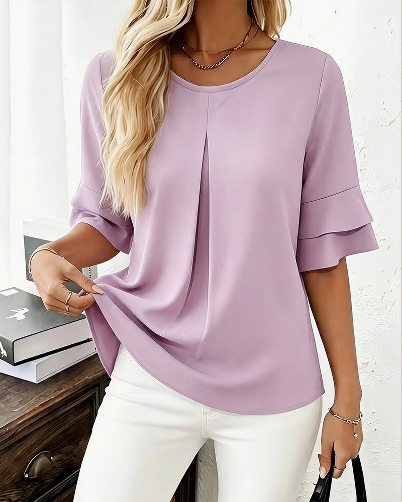 Willluxe® Ruffle Short Sleeve Pleated Blouse Summer Loose T-Shirt Top