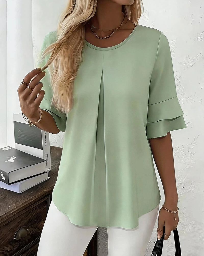 Willluxe® Ruffle Short Sleeve Pleated Blouse Summer Loose T-Shirt Top