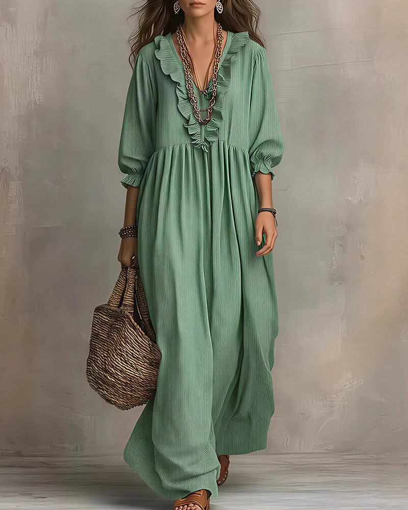 Willluxe® Boho V-Neck Ruffle Striped Maxi Dress